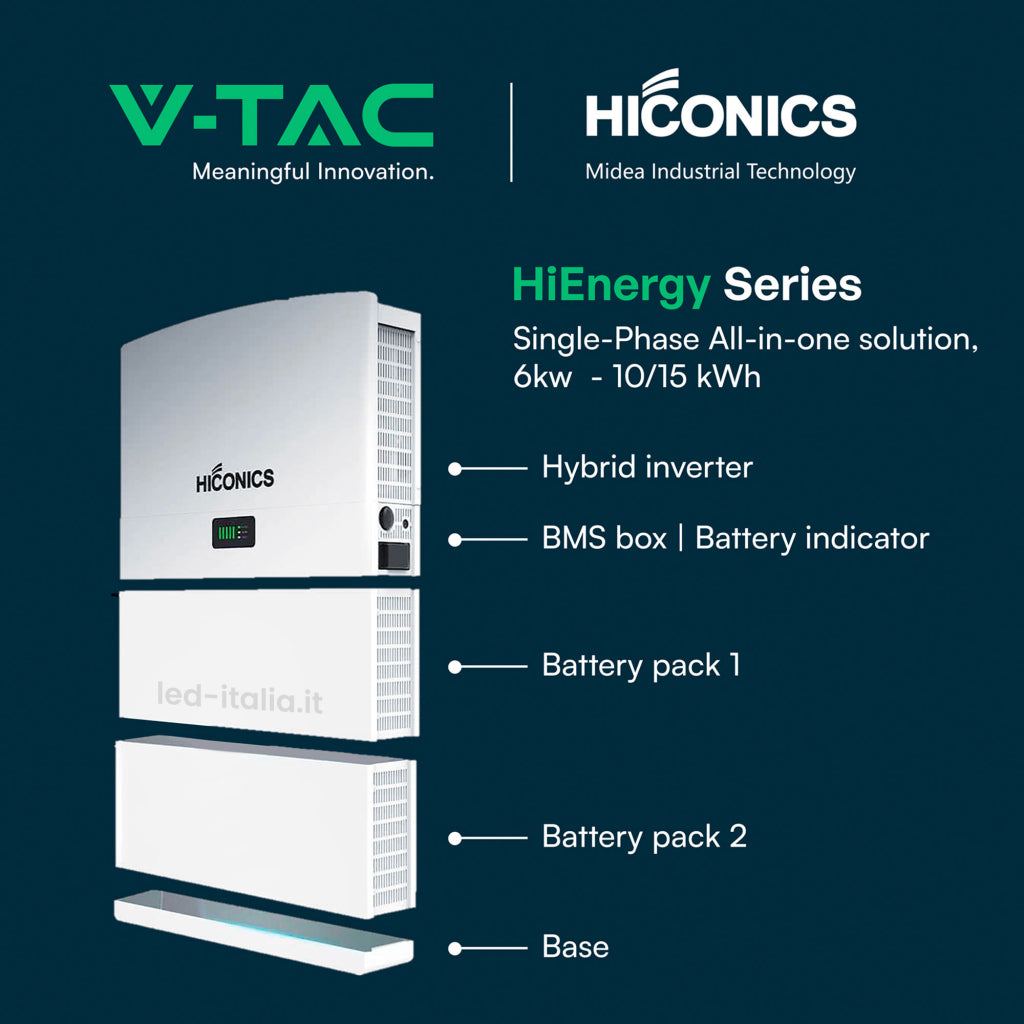 V-TAC Batteria di Accumulo Hiconics HiEnergy (Midea) Aggiuntiva Monofase 5kWh LFP IP65 ad Alta Tensione per espansione Inverter Hiconics HiEnergy Monofase ALL-IN-ONE V-TAC Batteria di Accumulo Hiconics HiEnergy (Midea) Aggiuntiva Monofase 5kWh LFP IP65 ad Alta Tensione per espansione Inverter Hiconics HiEnergy Monofase ALL-IN-ONE